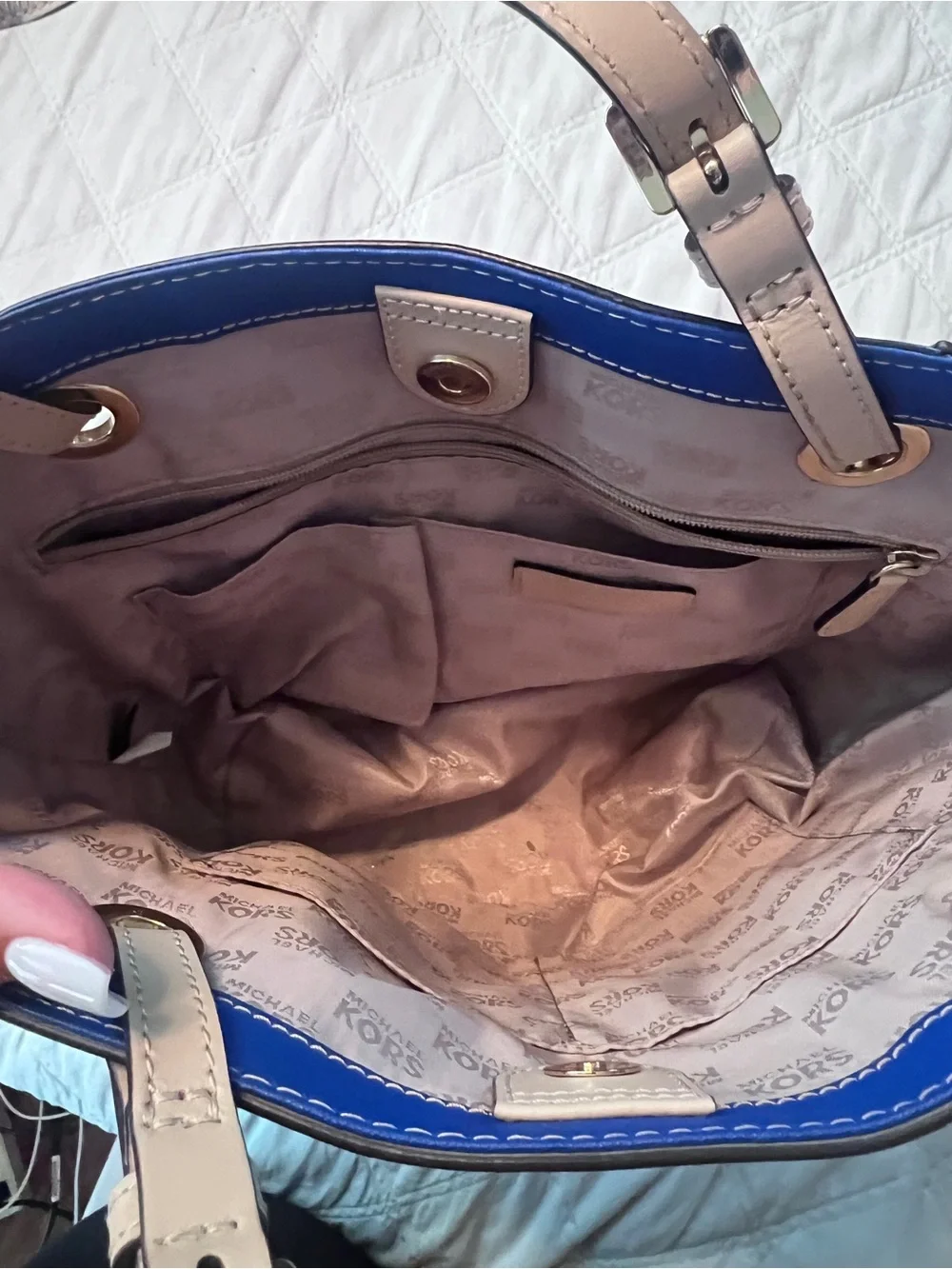 Michael Kors Cobalt Blue Leather Tote with Blush Straps